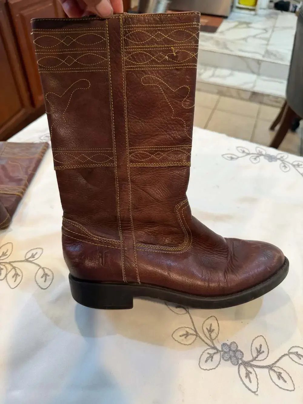 Frye Youth Leather Western Cowboy Boots Brown Size 3.5